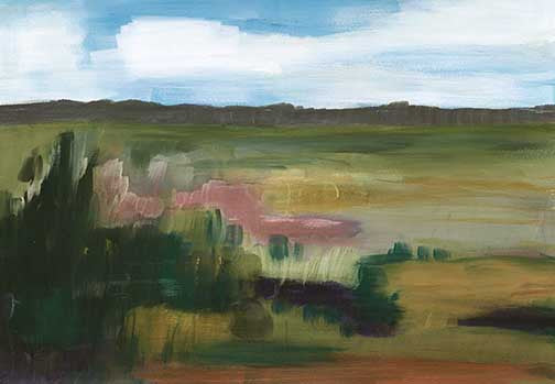 Brushy abstract landscape with greens, ochres, and rose tones fading into a bright blue sky, evoking a soft sunlit field mid-memory.