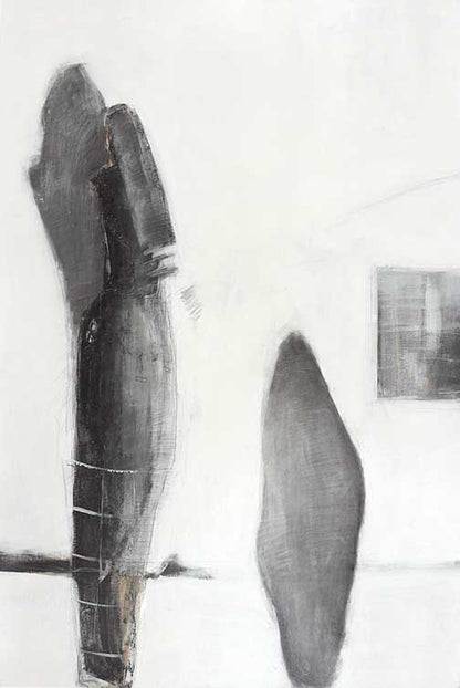Two dark totemic forms contrasted against a pale void, creating textured minimalism and quiet mystery.