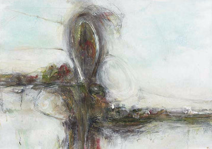 Organic eruptive abstract with twisting green, red, and earth-toned veins layered in textured forms, suggesting growth and tension.