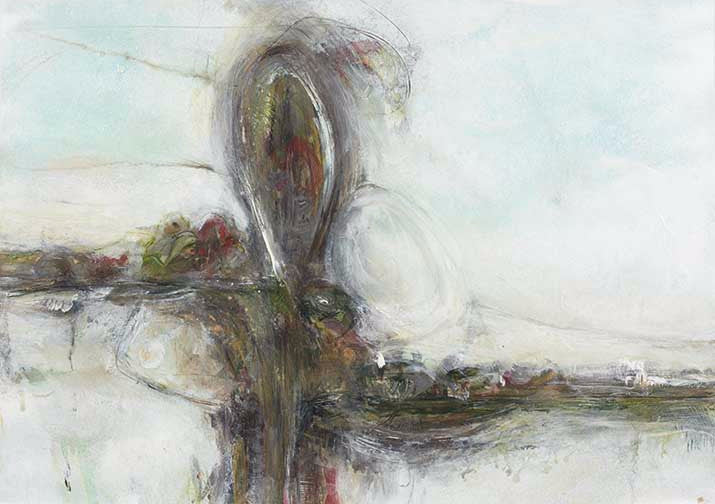 Organic eruptive abstract with twisting green, red, and earth-toned veins layered in textured forms, suggesting growth and tension.