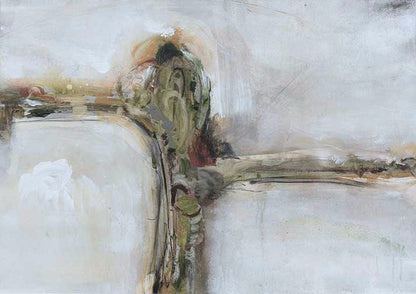 Organic abstract with earthy greens, soft ochres, and muted whites converging at a shifting center to evoke erosion and emergence.