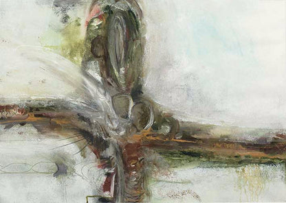 Visceral crossform abstract with swirling layers of green, rust, and ash converging in an organic, energetic core.