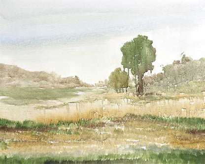 Green and gold sunlit landscape with gentle washes, distant trees, and open, glowing light.