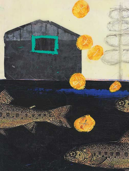 Surreal fish landscape with textured fish, golden orbs, a dark shoreline, and a stark house beside a skeletal tree.
