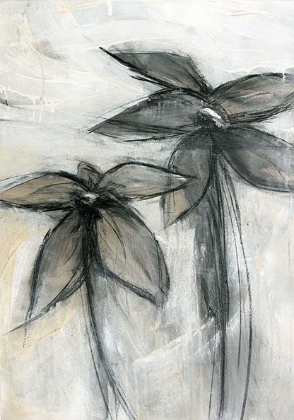 Dark floral abstract art with two charcoal blossoms drifting like smoke against a muted background.