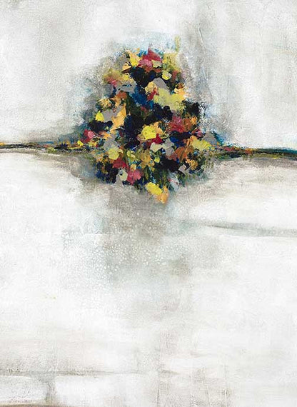 Colorful abstract art with a vibrant burst of red, yellow, blue, and green emerging from a thin horizontal line against a white background.