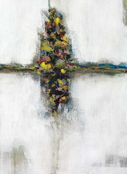 Vertical abstract art with deep red, mustard yellow, and green colors cascading along a central vertical line against a white background.