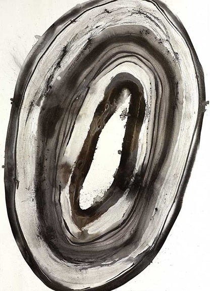 Abstract organic art with a swirling oval form created from layered black, gray, and sepia washes, evoking motion and memory.