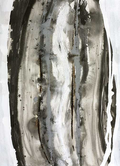 Abstract organic art with a vertical cocoon-like form created from layered black, gray, and earthy brown washes, evoking sediment and stillness.