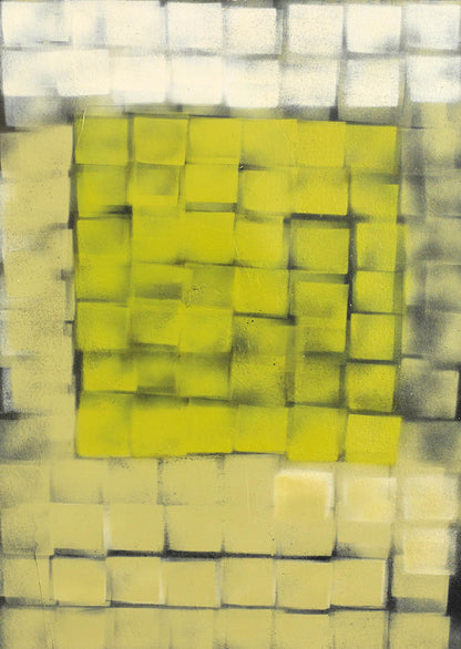 Geometric abstract artwork with yellow and white grid blocks, spray-painted shadows, and glowing contrast