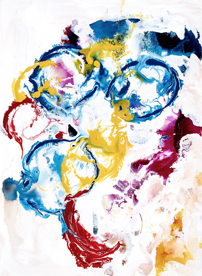 abstract artwork with arcs of yellow, blue, and red on a white and pink background