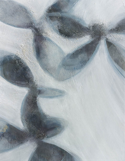 Abstract floral wall art with soft blue and grey overlapping petals and gentle, floating textures