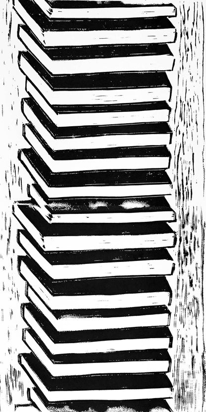 Black and white woodcut print with bold book silhouettes and minimalist rhythm