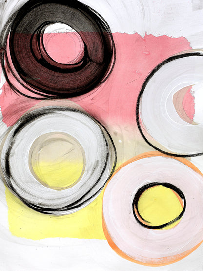 Playful rings abstract artwork with bold black, white, and pastel tones overlapping on pink and yellow washes, light and graphic with retro flair