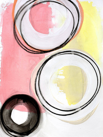 Bold rings abstract artwork with minimal black forms floating over soft pink and yellow washes, blending crisp design with retro playful hues