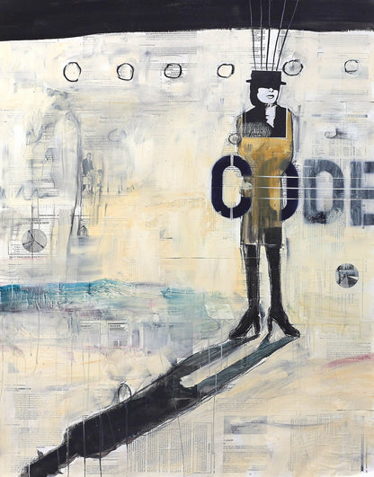 Mixed media artwork featuring a solitary figure in a bowler hat over muted tones, layered text, wire-like lines, and fragmented lettering.
