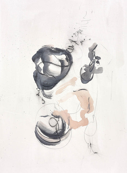Minimal abstract painting with soft ink washes, looping graphite, and delicate blush tones, light and airy like a fleeting thought in motion.