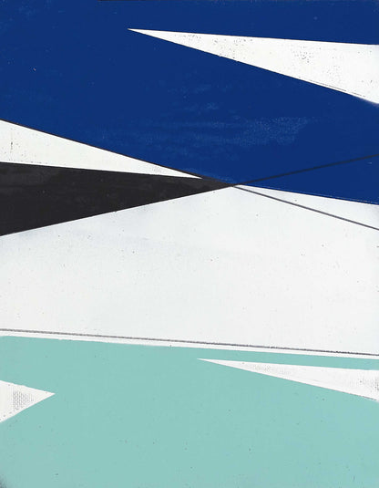 Geometric abstract painting with sharp angles and bold color blocks in navy, black, white, and aqua, creating a sleek, modern rhythm.