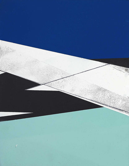 Minimalist color block abstract painting with intersecting bands of aqua, white, black, and deep blue, crisp and modern with architectural clarity.