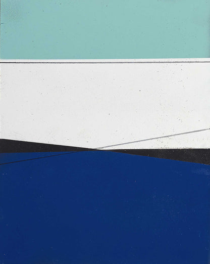 Minimalist color block abstract painting with intersecting bands of aqua, white, black, and deep blue, crisp and modern with architectural clarity.