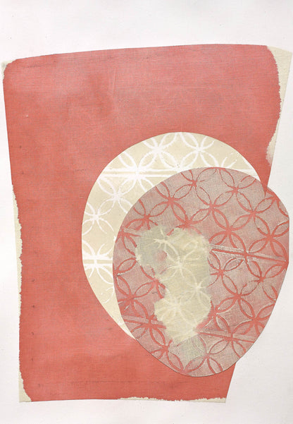 Textile inspired abstract art with overlapping coral, cream, and blush shapes featuring circular motifs and subtle fabric-like textures.
