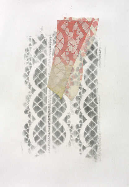 Textile abstract art with a coral-to-gold gradient layered over a black-and-white lace-patterned background.