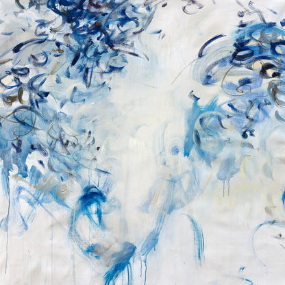 Expressive abstract painting with dynamic blue and gray brushstrokes on a bright background, blending energy with calming fluidity
