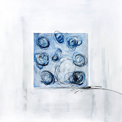 Modern abstract composition with expressive blue, grey, and black circular shapes on a white background, playful and dynamic.