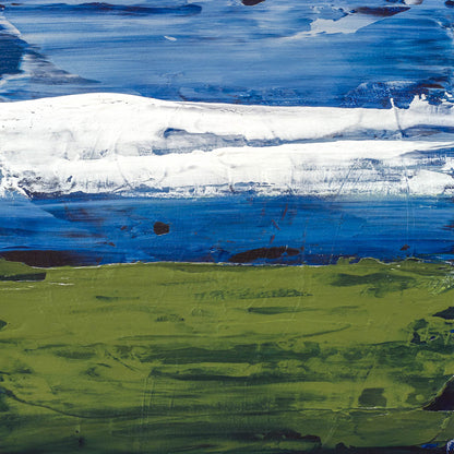 Abstract landscape painting in vivid blue, white, and green tones with textured brushstrokes and minimalist horizon.
