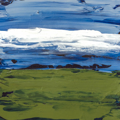 Modern horizon art with bold blue, white, and green brushstrokes, blending abstract texture with minimalist landscape inspiration.