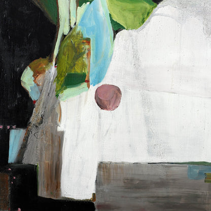 Geometric abstract painting with bold blocks, organic leafy forms, and a hovering sphere in balanced composition.