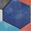 Contemporary geometric piece in blues and red. This piece is a part of a series of four, Polyhedron I, II, III, and IV.