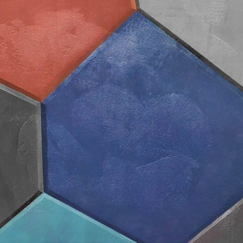 Contemporary geometric piece in blues and red. This piece is a part of a series of four, Polyhedron I, II, III, and IV.