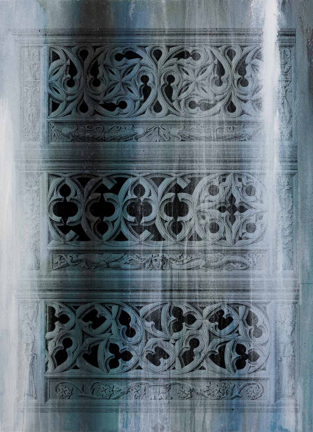 Gothic architectural art in moody teal tones with vintage carving and atmospheric texture evoking mystery and age.