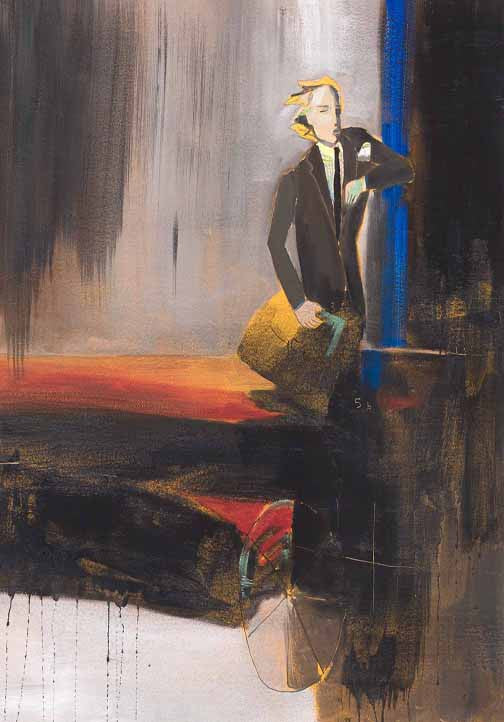 Expressive portrait painting featuring a confident figure in blue, yellow, and earthy tones with abstract brushwork.