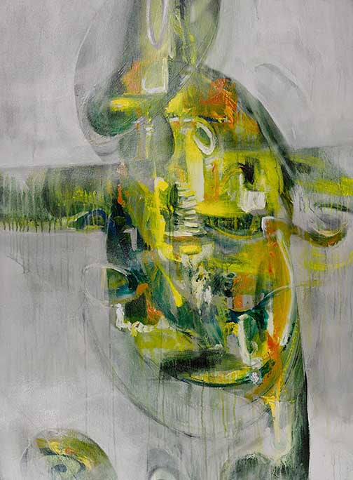 Abstract painting on canvas with a blend of green, yellow, and gray tones.